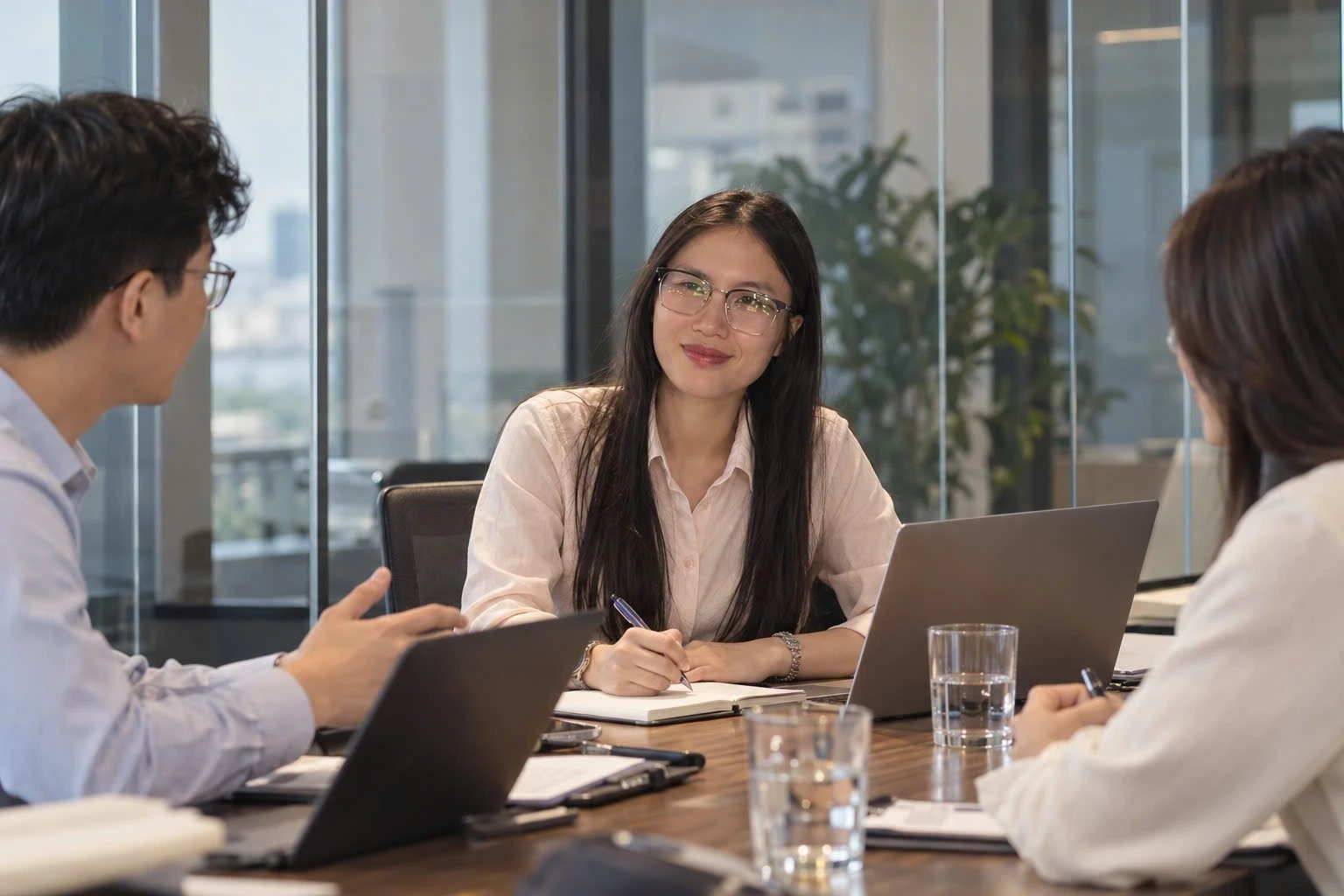 Alice Nguyen meeting with two people at an office table