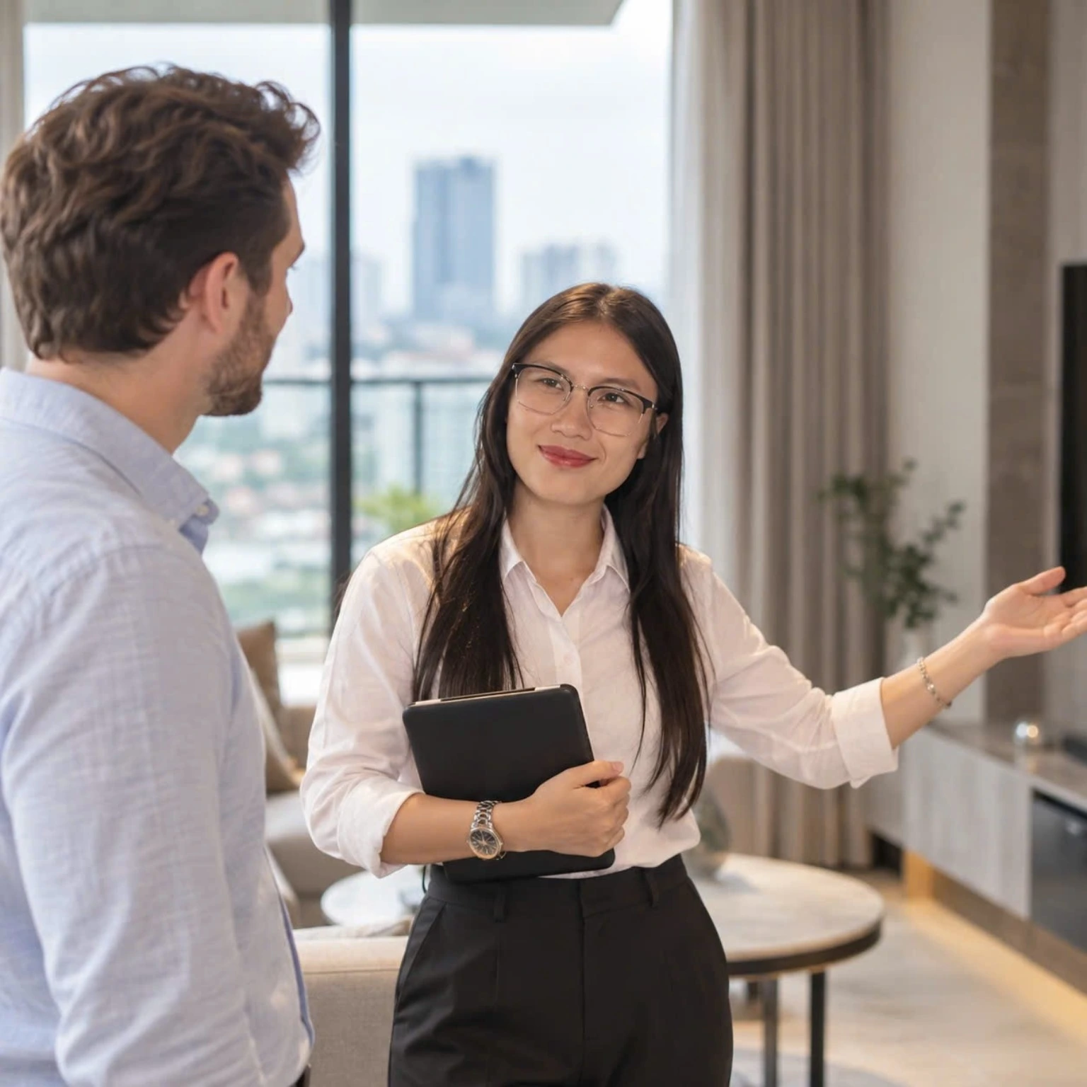 Alice Nguyen showing an apartment to a visitor